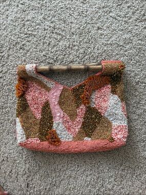 Beaded Pink and Gold Mosaic Handbag with Wooden Handle